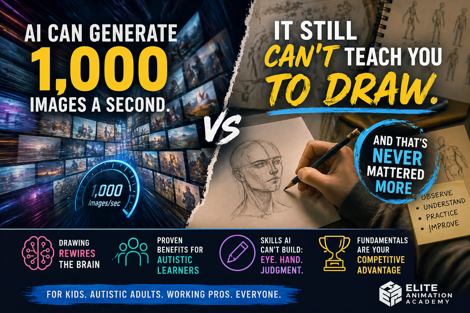 Editorial thumbnail contrasting fast AI image generation with hands-on drawing practice, showing a wall of generated images beside a human hand sketching a portrait, with text reading “AI can generate 1,000 images a second” and “It still can’t teach you to draw.”