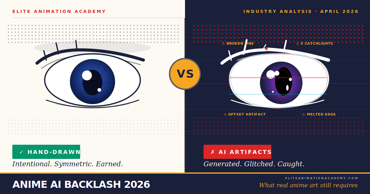 Anime AI Backlash 2026 — Hand-Drawn vs AI Anime Eye Comparison Side-by-side anime eye comparison: a clean hand-drawn anime eye labeled “Intentional. Symmetric. Earned.” versus an AI-generated anime eye with four visible artifacts annotated — broken line, five catchlights, offset artifact, melted edge — labeled “Generated. Glitched. Caught.” Headline reads “Anime AI Backlash 2026: What real anime art still requires.”