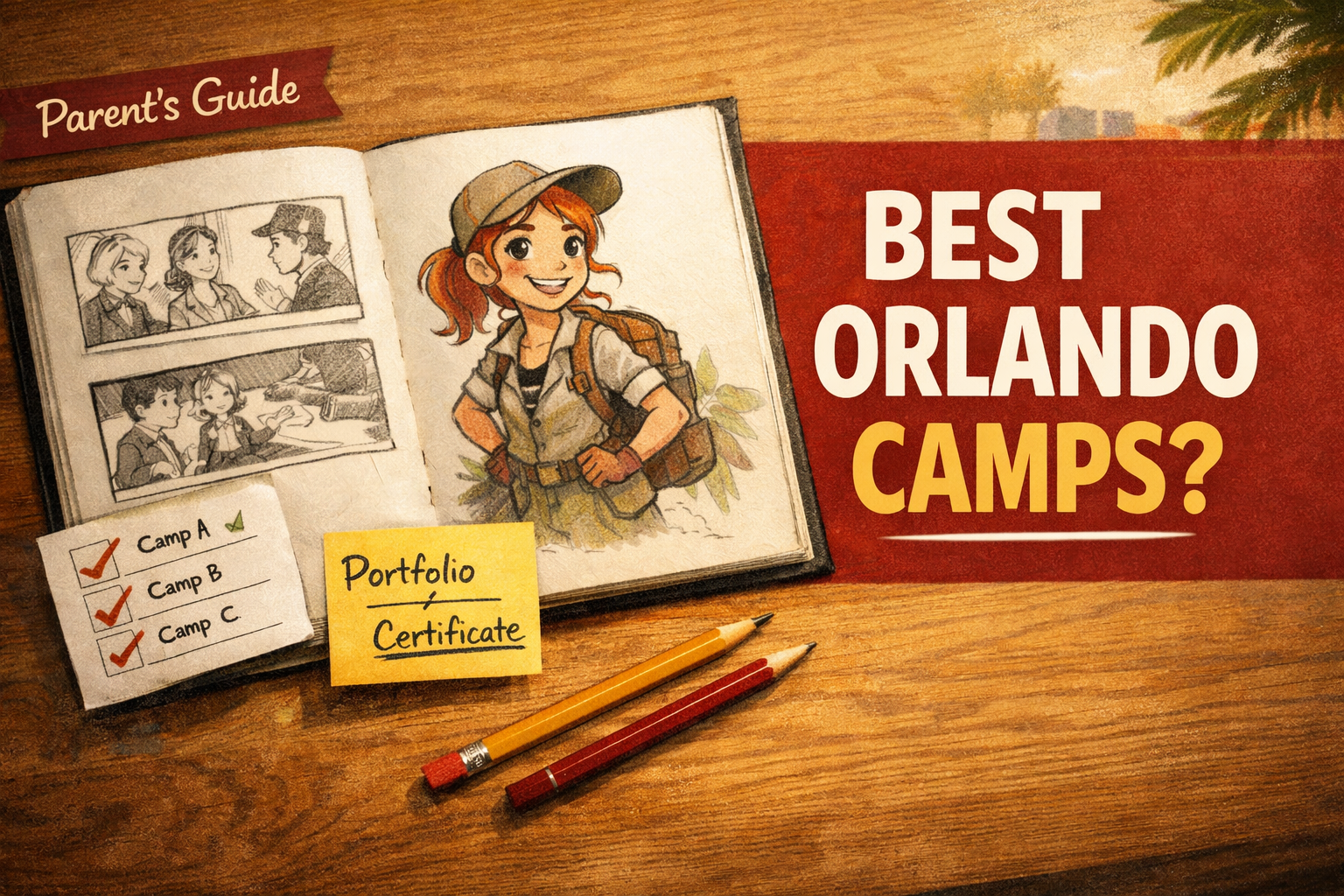 Summer 2026 animation camps in Orlando parent’s guide thumbnail with sketchbook, storyboard panels, and portfolio comparison note