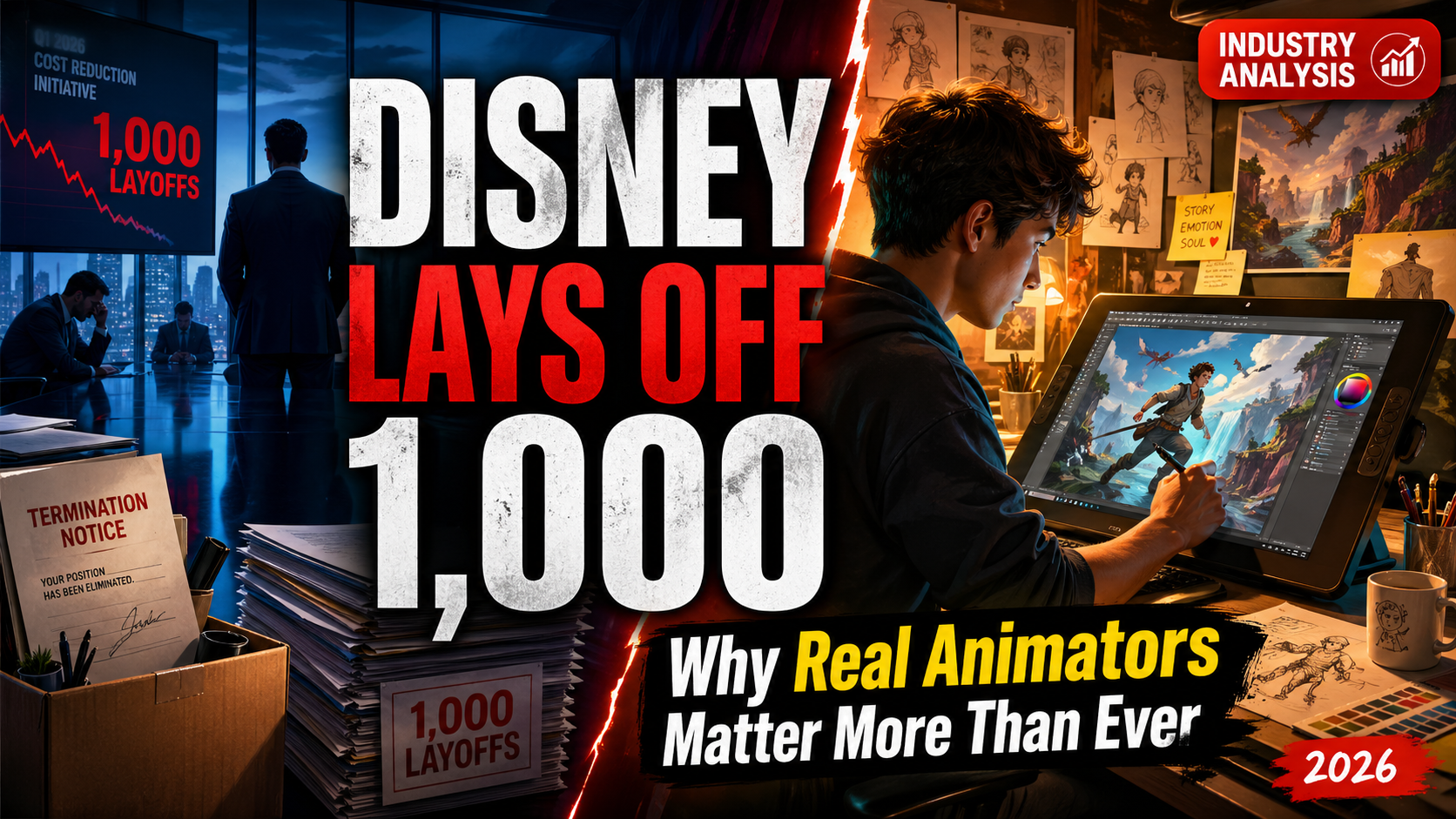 Editorial thumbnail showing a split scene of corporate layoffs and a young animator creating digital concept art, with headline text reading “Disney Lays Off 1,000” and “Why Real Animators Matter More Than Ever.”