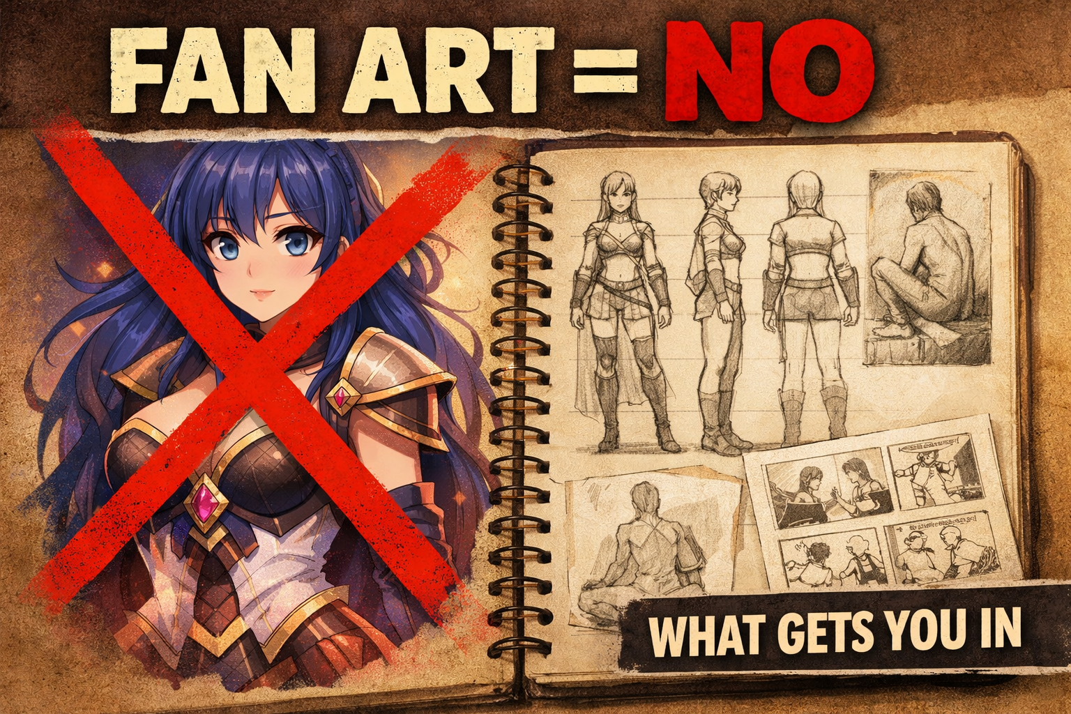 YouTube-style featured image showing fan art crossed out next to an animation portfolio sketchbook with life drawings, character turnarounds, and storyboard panels