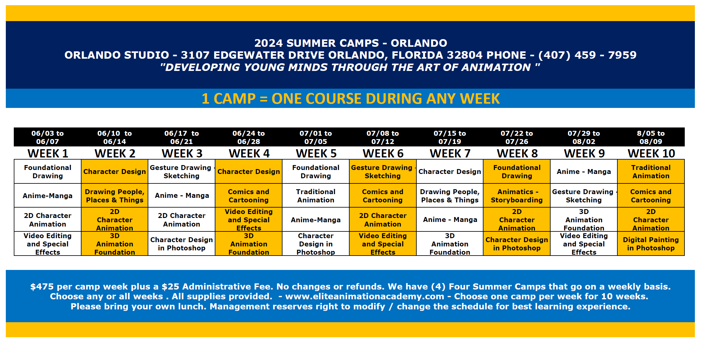 elite animation academy summer camps schedule